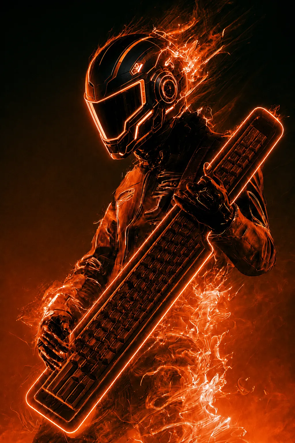 Helmeted figure playing a keyboard like a guitar, engulfed in flames